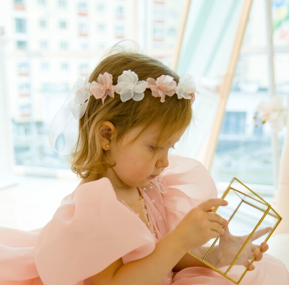 Floral Baby Girl Headband, White Peach Birthday Party Crown