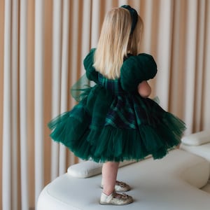 Green Plaid Soft Baby Girl Christmas Dress, Cottagecore Dress, Puffy Xmas Baby Outfit, Tartan Tutu Flannel Girl Dress, Ready To Ship, 2T