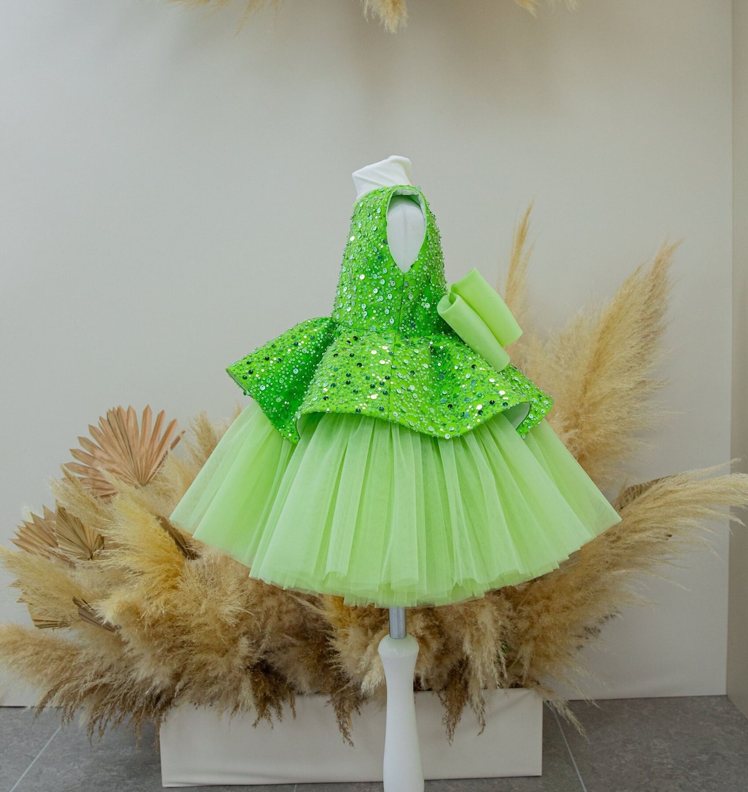 Green Embroidered Birthday Dress for Girls - Satin - (bxa232grn)