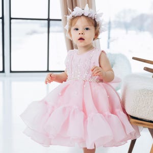 女の子の初めての誕生日ドレス、ピンクのフラワーガールドレス、チュチュチュールガウン、ショートフェザースリーブ、ふわふわの膝丈ドレス、特別な日の衣装