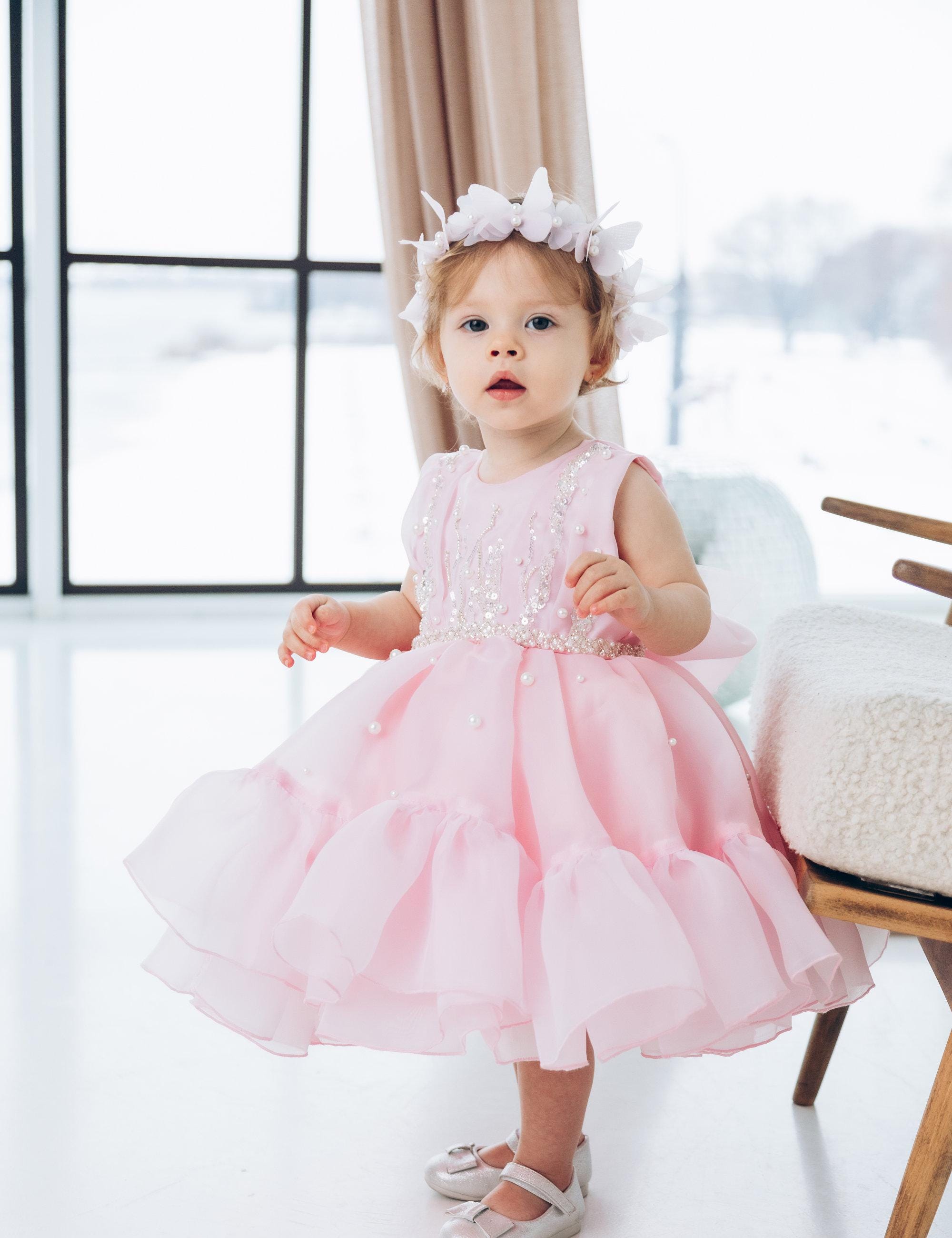 Baby Girl First Birthday Dress, Pink Flower Girl Dress, Tutu Tulle Gown, Short Feathers Sleeve, Puffy Knee Dress, Special Occasion Outfit