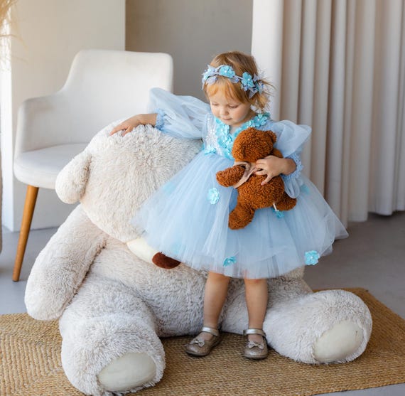 green emerald velvet dress Ball Gown Light Blue Pearl Flower Girl Dress – FancyVestido main image 1