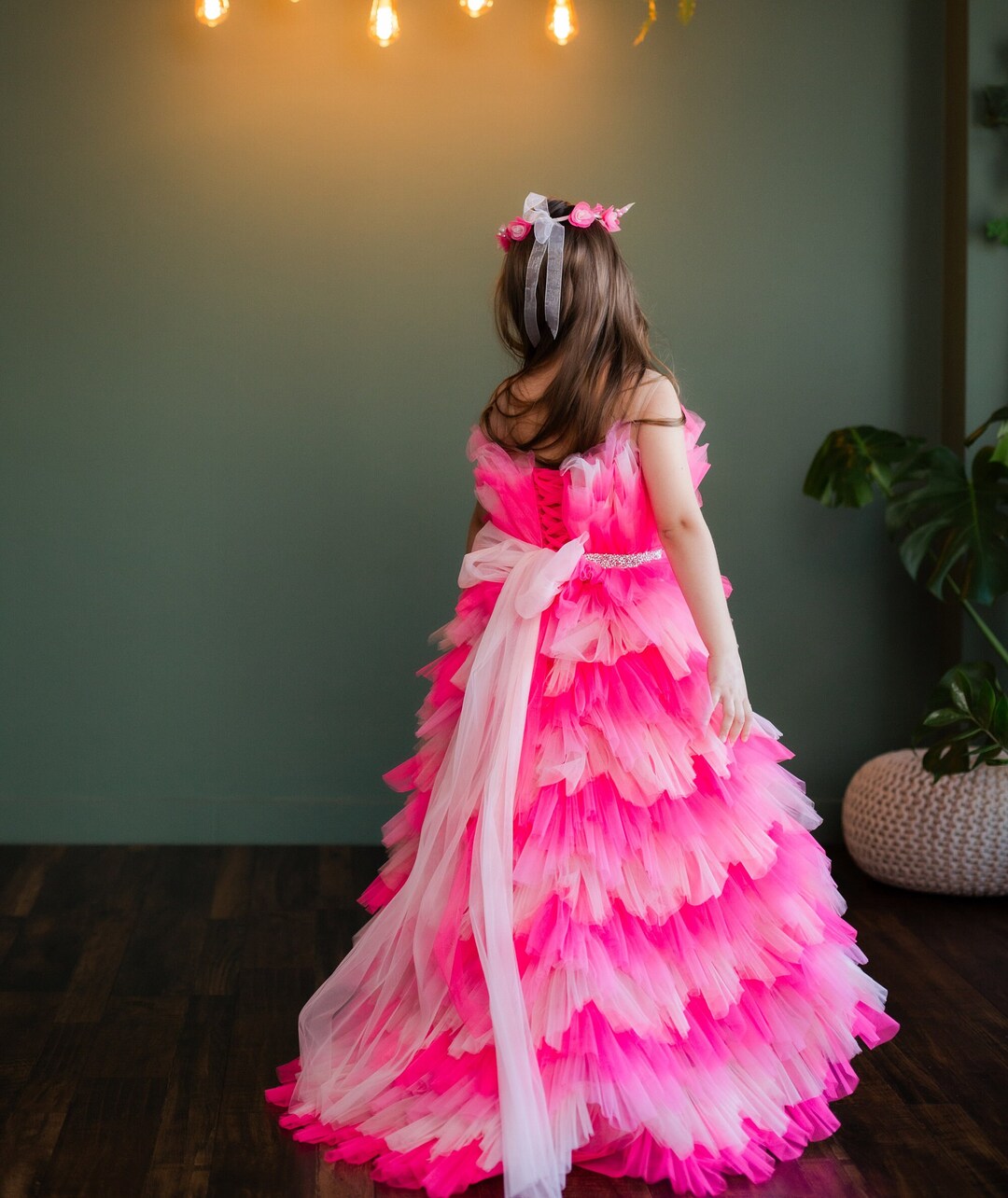 Vestido de nina de gala de fiesta de cumpleanos rosa vestido de tren largo con espalda abierta para princesita vestido de tul ombre rosa traje de baile de chicas de noche de