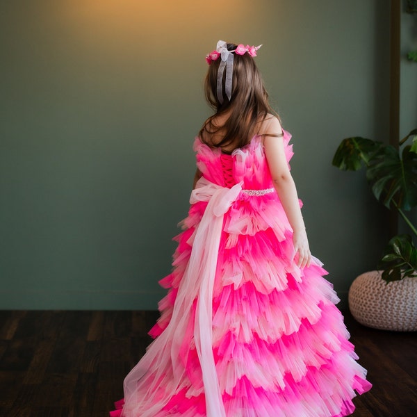 Pink birthday party gala girl dress, open back long train gown for little princess, pink ombre tulle dress,pageant evening girls ball outfit