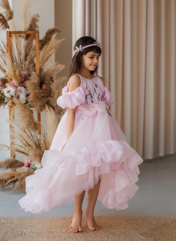 Pink Flower Girl Dress, Birthday Girl Dress, Hi Lo Dress, Prom Ball Gown, Princess Dress, Special Occasion Dress, Ruffled Dress With Train Pink Flower Girl Dress, Birthday Girl Dress, Hi Lo Dress, Prom Ball Gown, Princess Dress, Special Occasion Dress, Ruffled Dress With Train