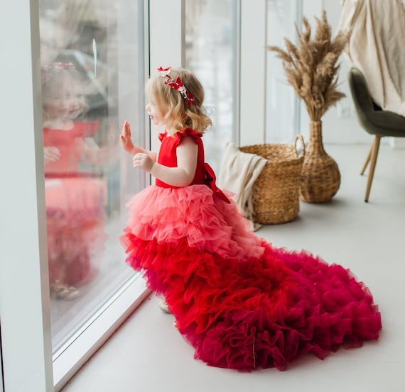open lace back dress Sparkly Red Stars Tulle Puff Long Sleeves Evening Party Dresses – TANYA  BRIDAL main image 1