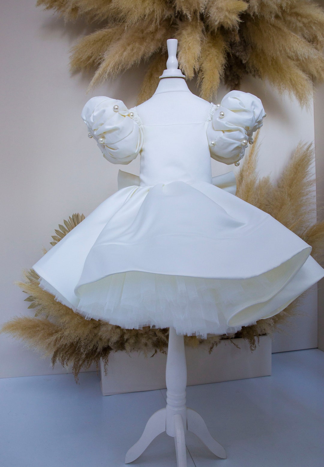 Ivory Flower Girl Dress, Pearls Birthday Party Dress, Tutu Pageant Baby