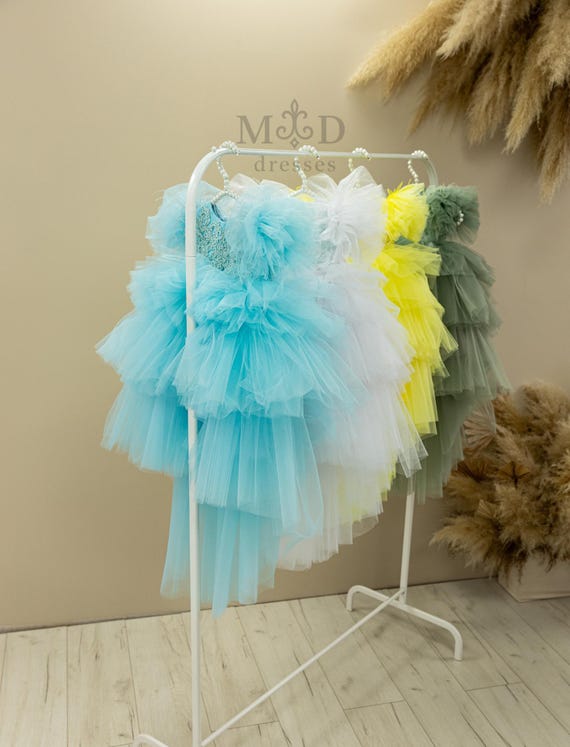 Blue Flower Girl Dress With Train, Birthday Baby Girl Gown, Baptism, Puffy Wedding Baby Outfit, First Birthday Dress, Photoshoot Princess