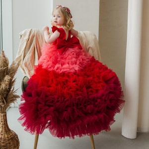 READY TO SHIP, Red Birthday Girl Dress, Ombre Flower Girl Dress, High Low Tulle Dress With Train, Formal Event Dress Baby Girl, Prom Dress