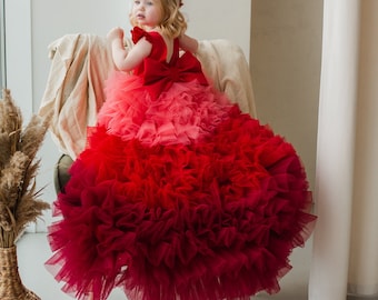 READY TO SHIP, Red Birthday Girl Dress, Ombre Flower Girl Dress, High Low Tulle Dress With Train, Formal Event Dress Baby Girl, Prom Dress
