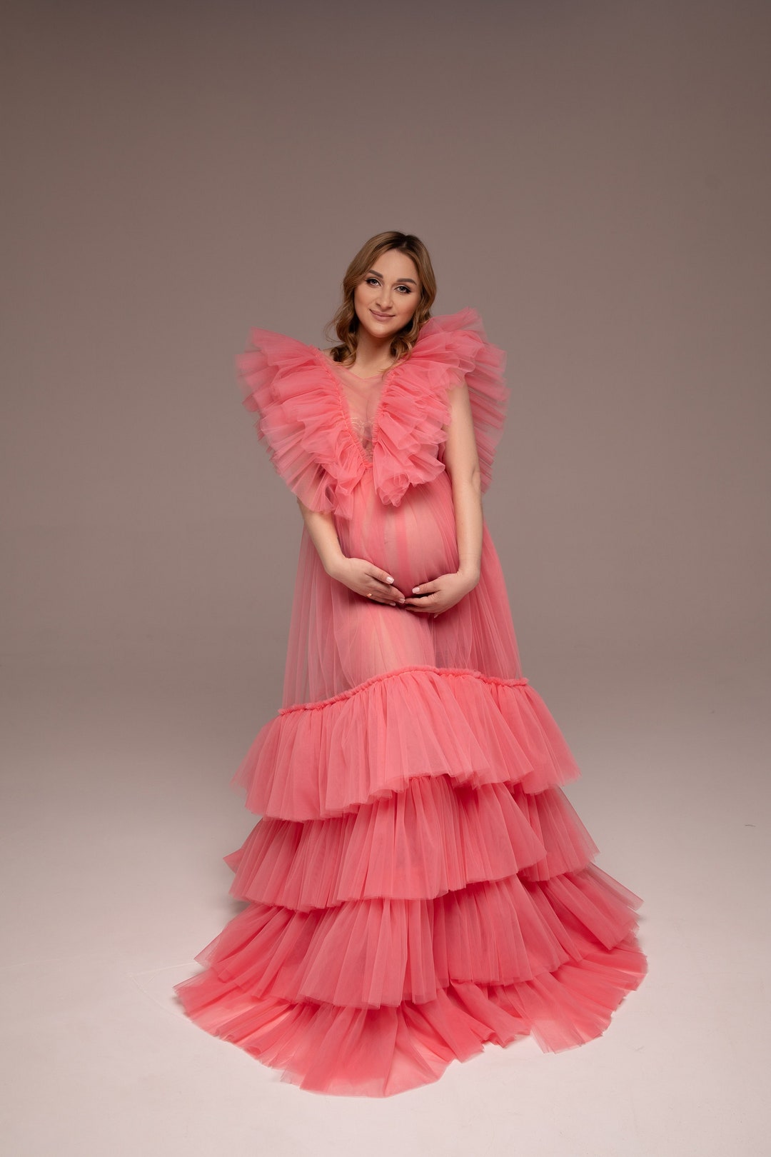 Shellie | Coral High-Neck Maternity Midi Dress With Corsage Detail