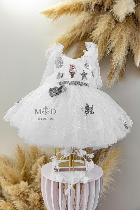 White Birthday Girl Dress, Wedding Guest, Bubble Dress, Baby Puffy Tutu Dress, Smash Cake, Photoshoot, Shining Pageant Outfit, Baptism