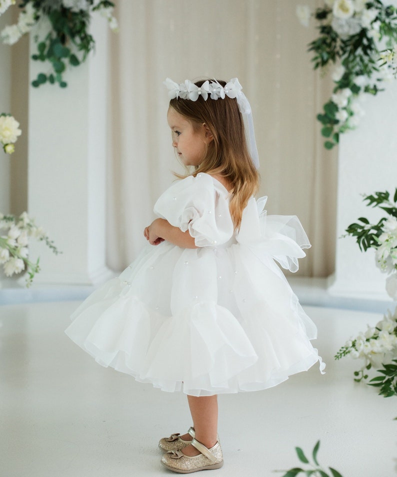 Weiß Erstkommunion & Blumenmädchen Kleid, Taufe, Geburtstags-Mädchen-Kleid, Besonderes Ereignis, Tutu Knie-Baby-Kleid, Perlen bestickt Abschlussball-Outfit Weiß