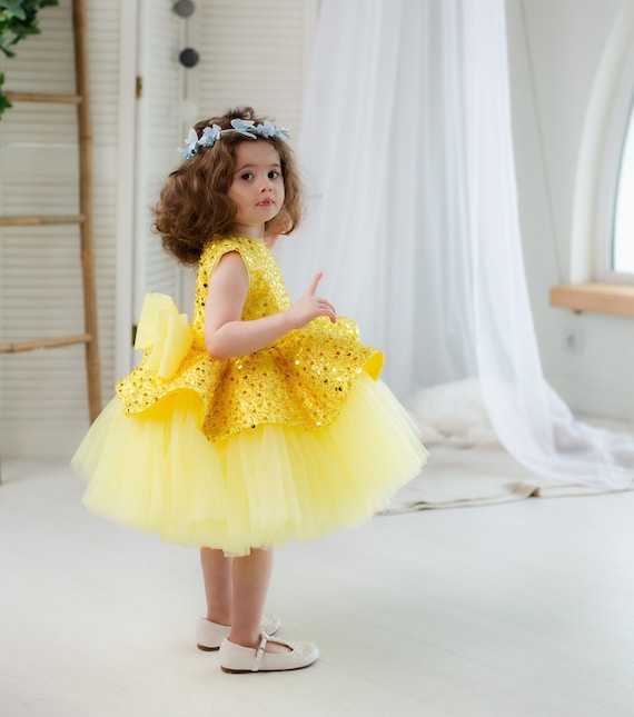 Bright Yellow Sparkly Girl Dress Shinning Birthday Baby Dress Knee Tutu Toddler Dress Flower Girl Graduation Formal Event Baby Gown Etsy Canada