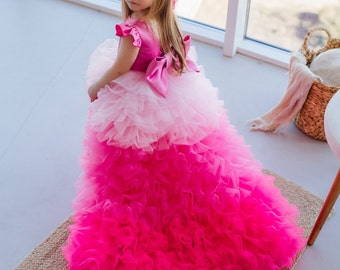 Robe longue traine rose fuchsia de demoiselle d'honneur, robe de fille d'anniversaire, robe de bal ombrée pour bal de promo, robe bouffante multicouche pour tout-petit, tenue pour une occasion spéciale