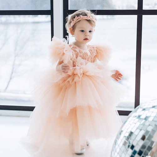 peach puffy prom dresses Peach Birthday Party Girl Dress, Maxi Puffy Flower Girl Dress, Beads Embroidery Dress, Tutu Prom Gown, Special Occasion Toddler Dress