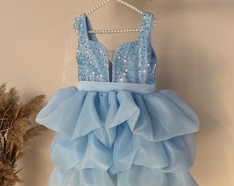 Vestido azul brillante de cumpleaños para niña, estilo princesa con volantes, tutú hasta la rodilla, ideal para graduación, boda, fiesta formal, baile de graduación.