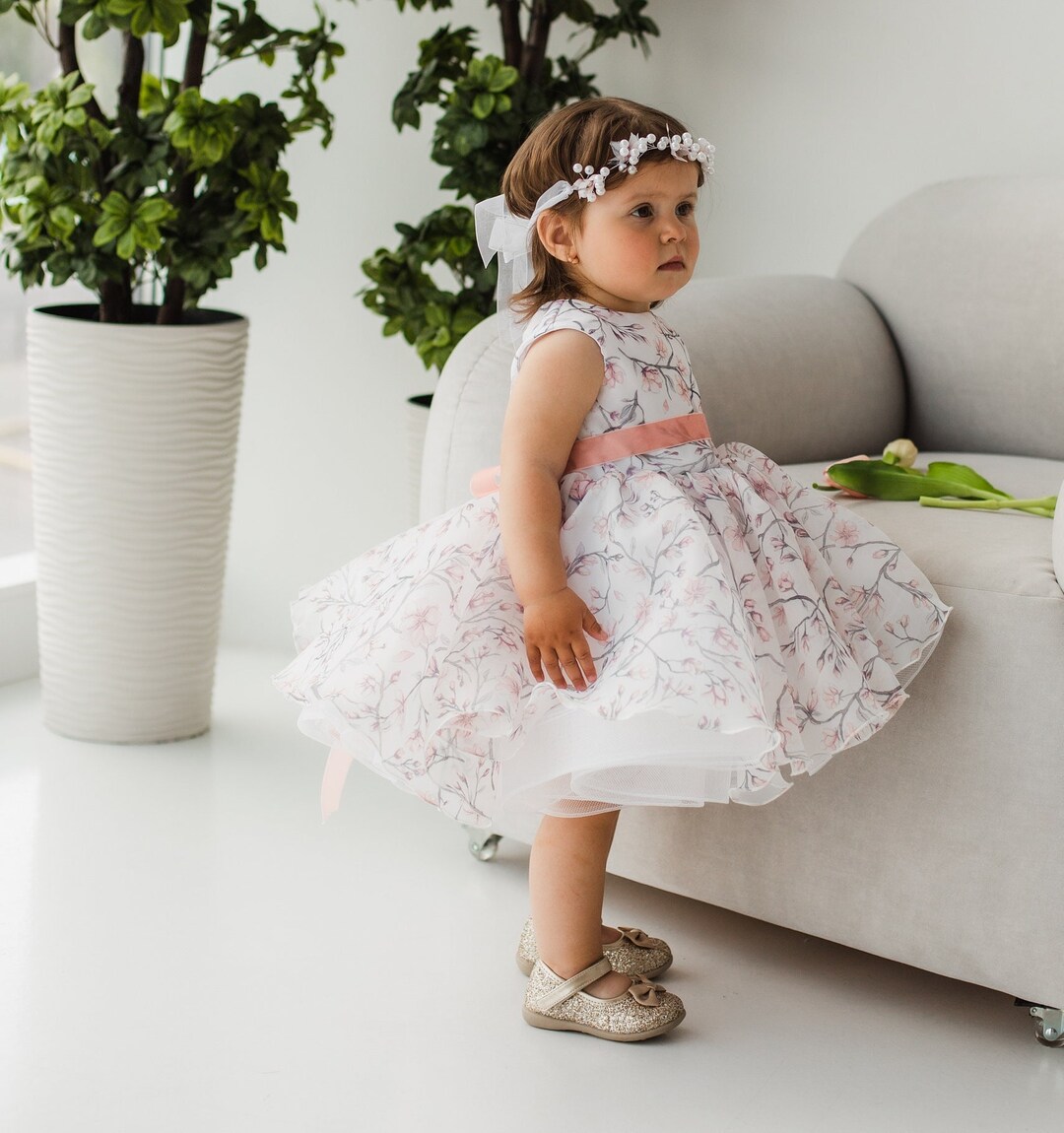 Floral Print Birthday Girl Dress Heart Backless First Etsy