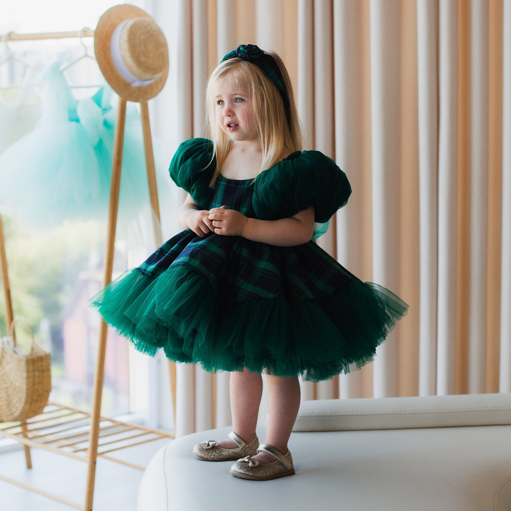 white christmas dresses Little Girl Long Sleeve Green Christmas Dress – The Trendy Toddlers main image 1