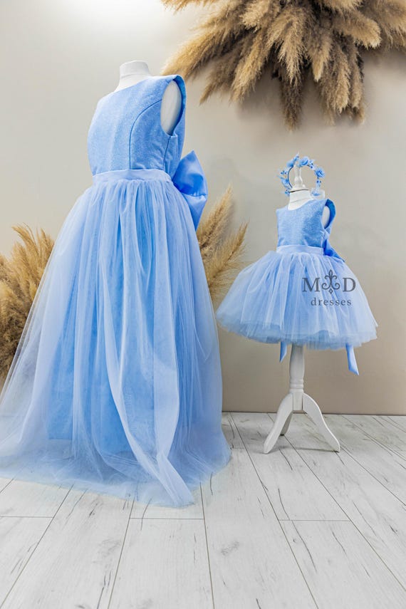 Mother Daughter Outfit, Special Occasion Matching Dresses, Junior Bridesmaid, First Birthday, Prom, Photoshoot, Light Blue Evening Maxi Gown