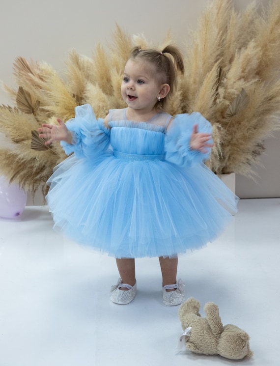 Blue Baby Tutu First Birthday Dress, Flower Girl Dress, Fancy Puffy Tulle Toddler Dress, Special Occasion, Cake Smash, Baby Shower Gift