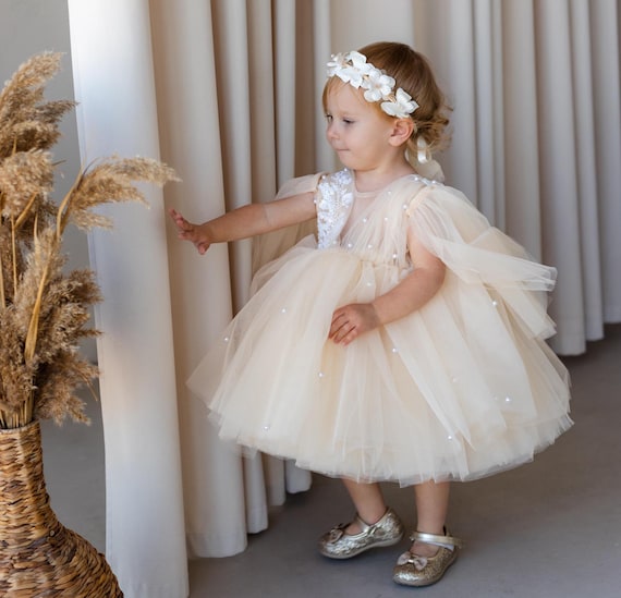 Cream Pastel Baby First Birthday Dress, Flower Girl Dress, Peach Baptism, Flower Girl Dress, Tutu Tulle Dress, Cake Smash, Detachable Sleeve Cream Pastel Baby First Birthday Dress, Flower Girl Dress, Peach Baptism, Flower Girl Dress, Tutu Tulle Dress, Cake Smash, Detachable Sleeve