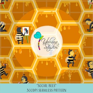 Peut inclure: Un motif sans couture représentant des abeilles de dessin animé dans diverses activités, notamment la peinture, l'exercice physique et le jeu avec des blocs. Les abeilles sont sur un fond de cellules de nid d'abeille jaunes. Le texte "SOCIAL BEES" et "300DPI SEAMLESS PATTERN" est inclus dans l'image.