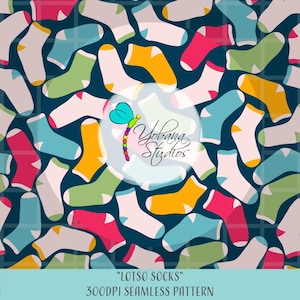 May include: A seamless pattern featuring colorful socks in various shades of blue, green, pink, yellow, and white. The socks are arranged in a random pattern on a dark blue background. The text "LOTSO SOCKS" and "300DPI SEAMLESS PATTERN" is at the bottom of the image.