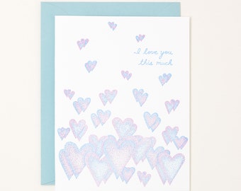 Valentines Day Card - Anniversary Letterpress Card - Hearts Card - I Love You This Much Card - Virtual Hug