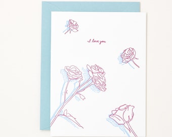 Valentines Day Letterpress Card - I Love You Card - I Love You Roses Card