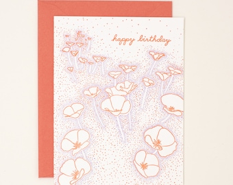 California Floating Poppies Birthday Letterpress Card - Birthday Card for Her - Birthday Card Wife - Birthday Card Girlfriend
