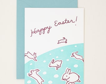 Happy Easter Letterpress Card - Hopping Bunnies Card - Bunny Easter Card
