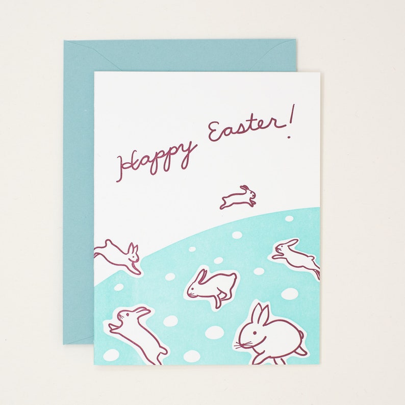 Happy Easter Letterpress Card Hopping Bunnies Card Bunny Easter Card image 1