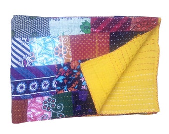 Handmade Kantha Quilt, Vintage Patchwork Silk Sari quilt, Embroidery Quilt, Bedspread, Blanket, Coverlet, Bed sheet, Indian Patola quilt