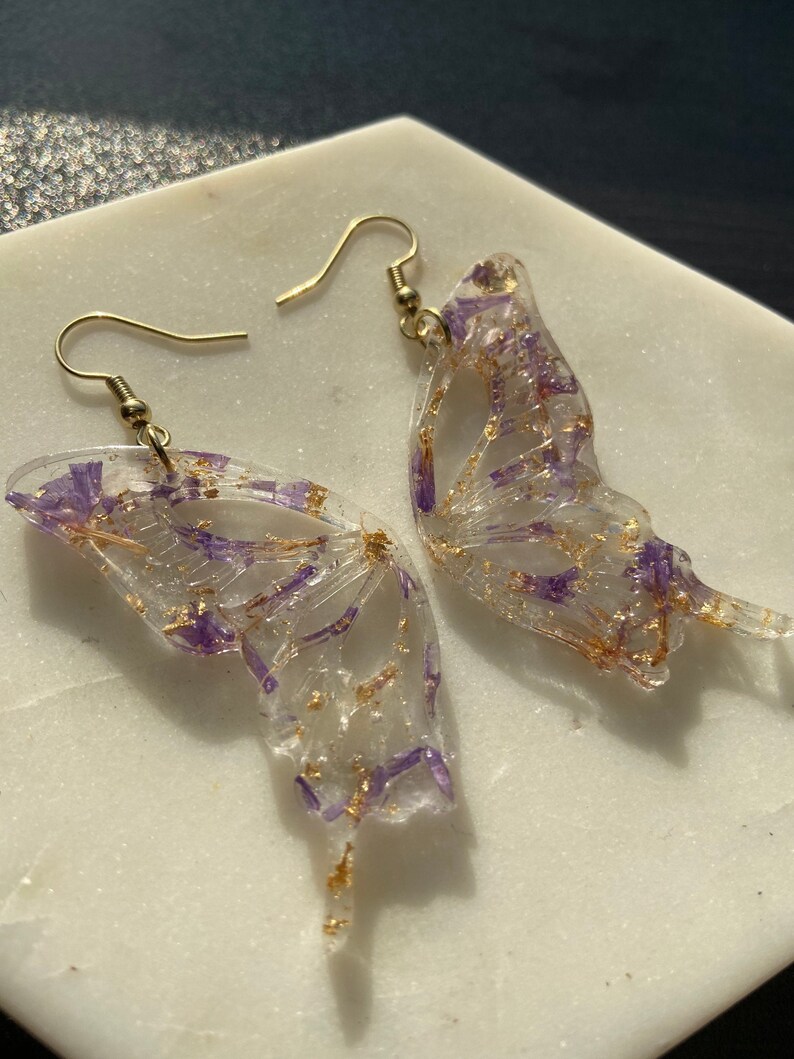 Butterfly Resin Earrings- Purple dried flowers & crystals 