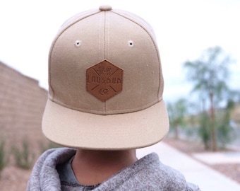 Khaki toddler and kids snapback baseball cap with faux leather logo patch, great cap for babies and toddlers!