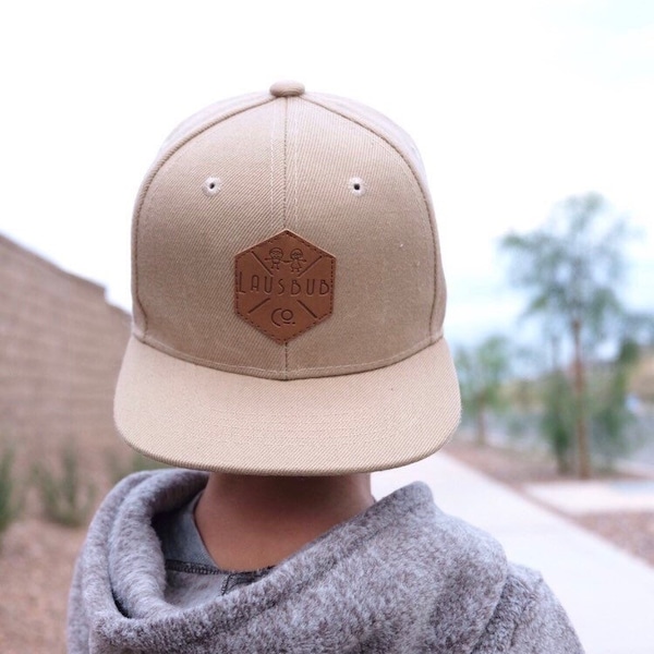 Khaki toddler and kids snapback baseball cap with faux leather logo patch, great cap for babies and toddlers!