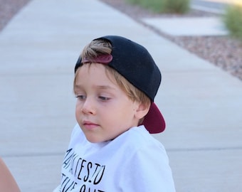 Burgundy and black toddler and kids snapback baseball cap with faux leather logo patch, great cap for babies and toddlers!