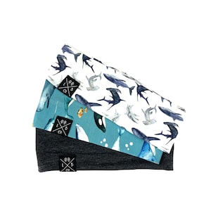 Whales and sharks baby boy and toddler headband, unisex headband great for long haired boys, hearing aids or sports image 1