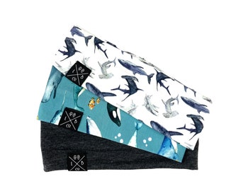 Whales and sharks baby boy and toddler headband, unisex headband great for long haired boys, hearing aids or sports!