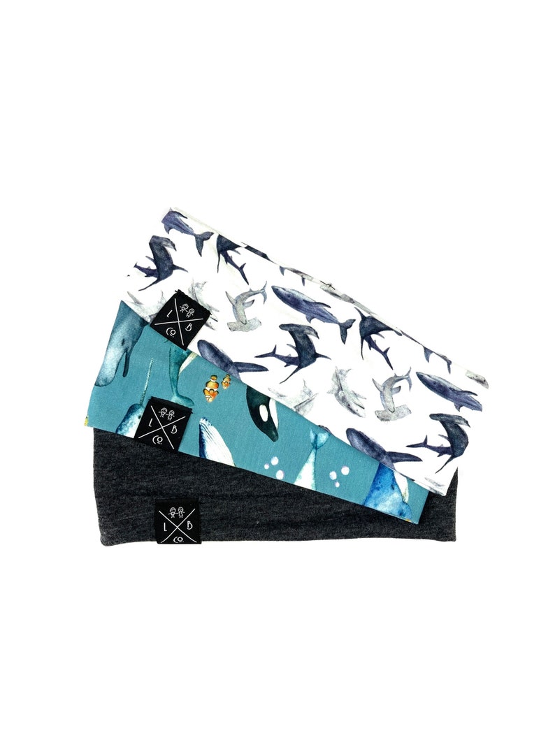 Whales and sharks baby boy and toddler headband, unisex headband great for long haired boys, hearing aids or sports image 1