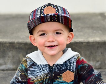 Aztec pattern toddler and kid's size snapback baseball cap with flat brim and faux leather logo patch