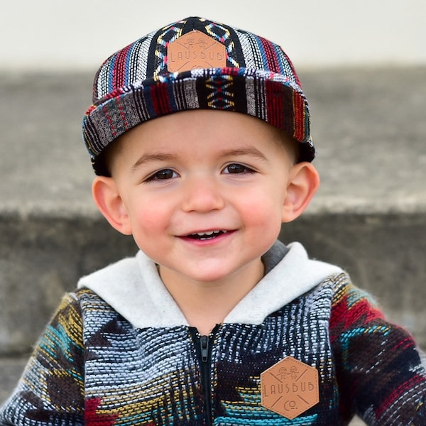 Aztec pattern toddler and kid's size snapback baseball cap with flat brim and faux leather logo patch