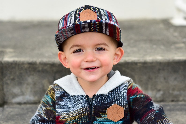 Aztec pattern toddler and kid's size snapback baseball cap with flat brim and faux leather logo patch 