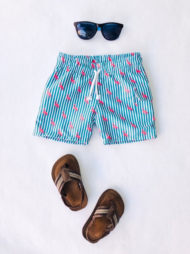 baby boy flamingo swim trunks