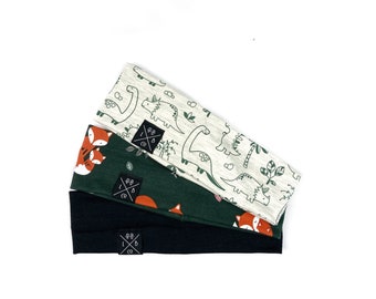 Dinos and Foxes baby boy and toddler headband, unisex headband great for long haired boys, hearing aids or sports!