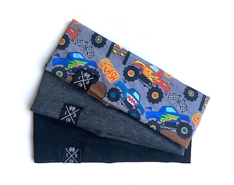 Monster trucks baby boy and toddler headband, unisex headband great for long haired boys, hearing aids or sports!