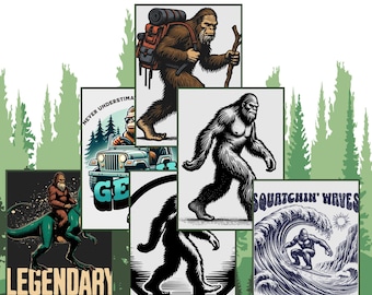 May include: A digital download bundle of 10 Bigfoot PNG images. The images feature a Bigfoot character in various poses, including riding a dinosaur, surfing, driving a jeep, and walking in the woods. The images are in a vintage style with a black and white color scheme.