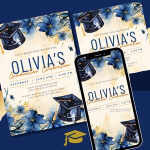 Blue & Gold Graduation Invitation: Printable Evite Template (DIY Canva)