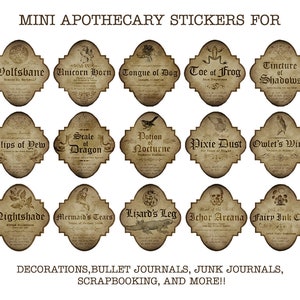 Mini Apothecary Stickers, Bullet Journal, Junk Journal, Scrapbooking, Vintage, Magic Potion Ingredients, Halloween Labels, Witches Brew